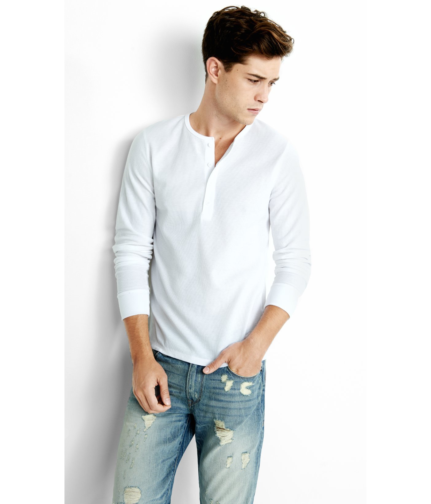 Express Long Sleeve Waffle Knit Henley T-shirt in White for Men - Lyst