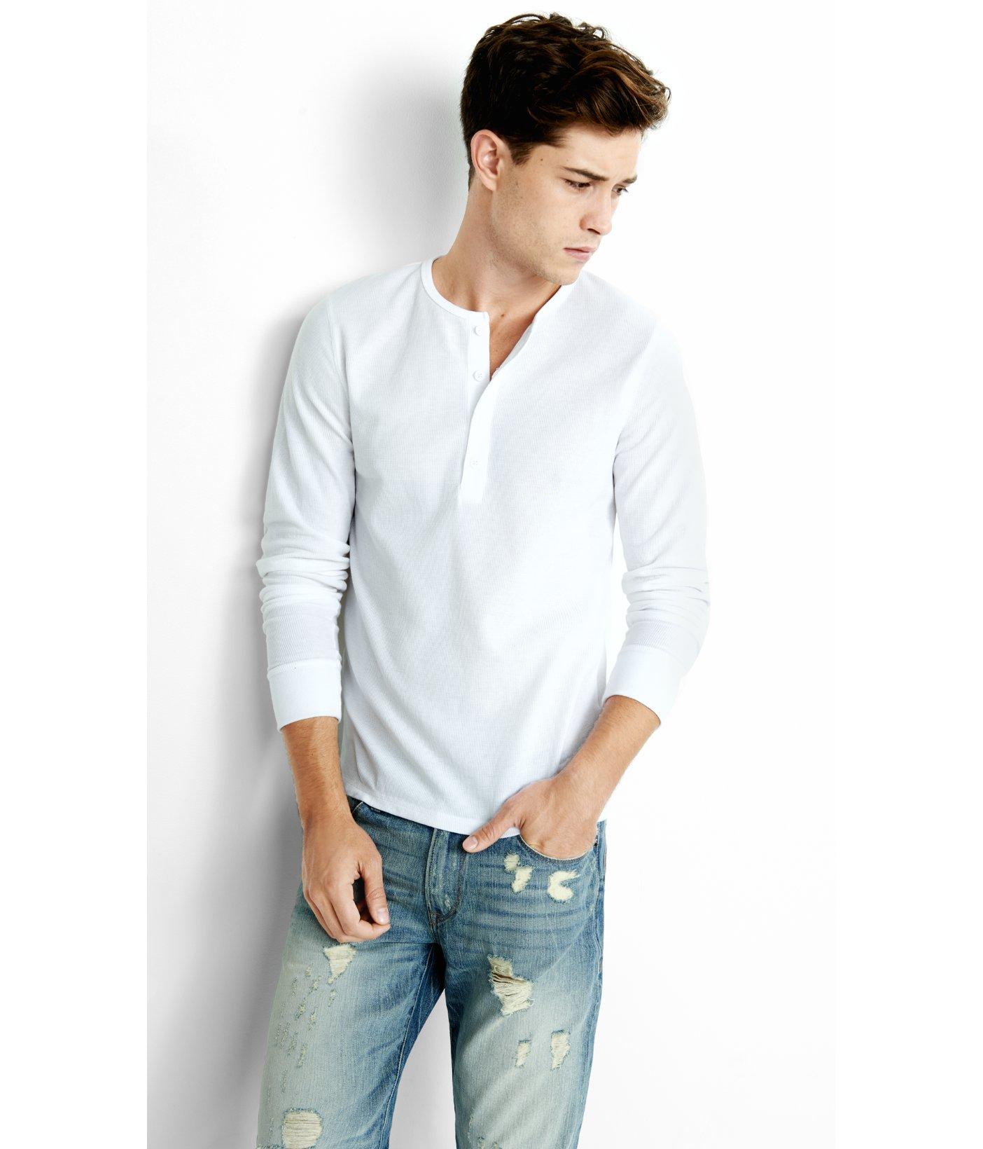 Lyst - Express Long Sleeve Waffle Knit Henley T-shirt in White for Men