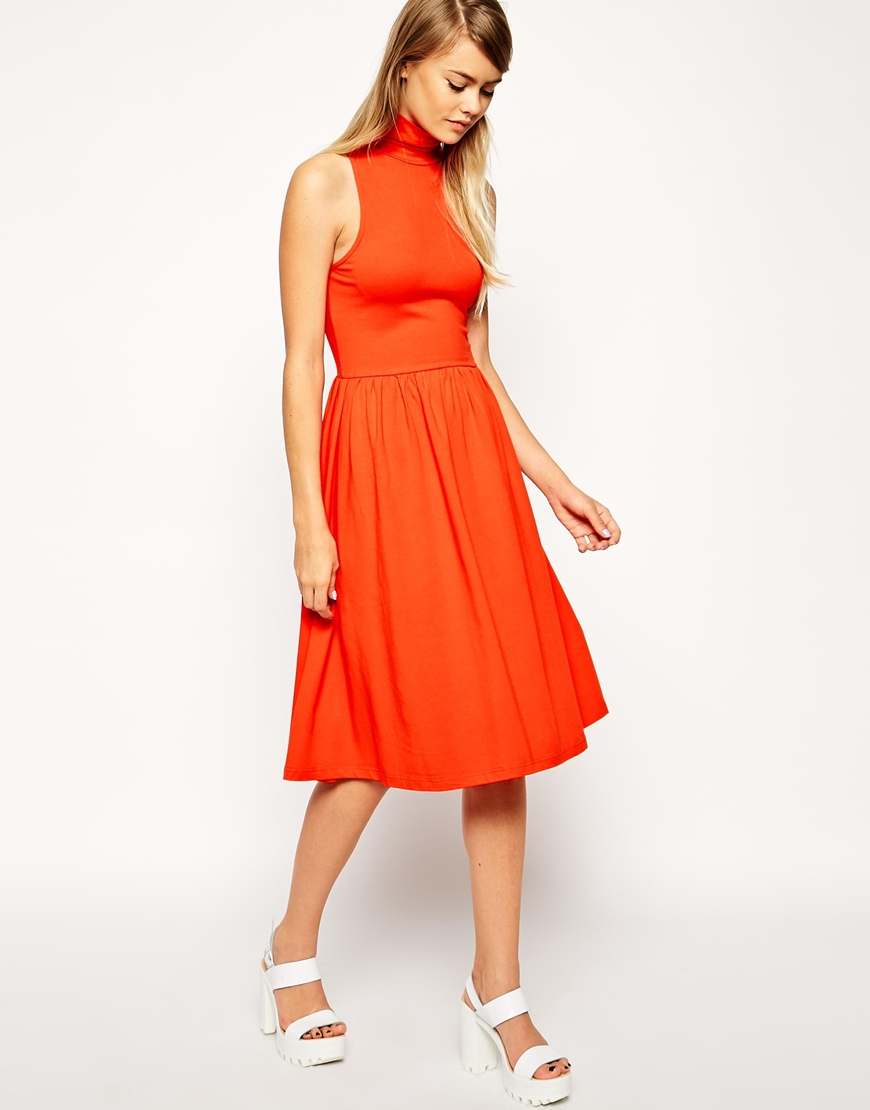 Asos Midi Skater Dress With Polo Neck in Red | Lyst