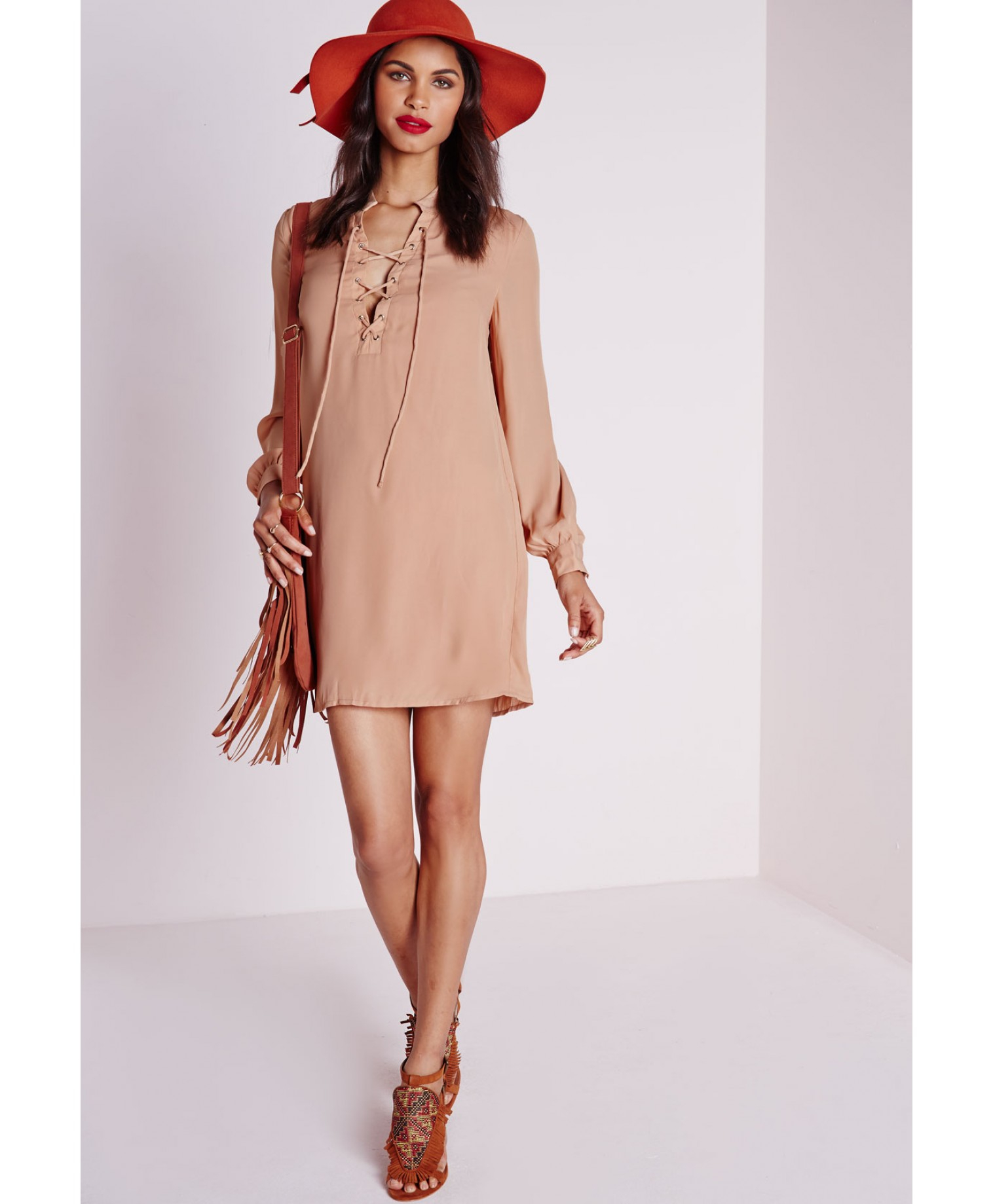 Missguided Lace Up Shirt Dress Nude In Beige Nude