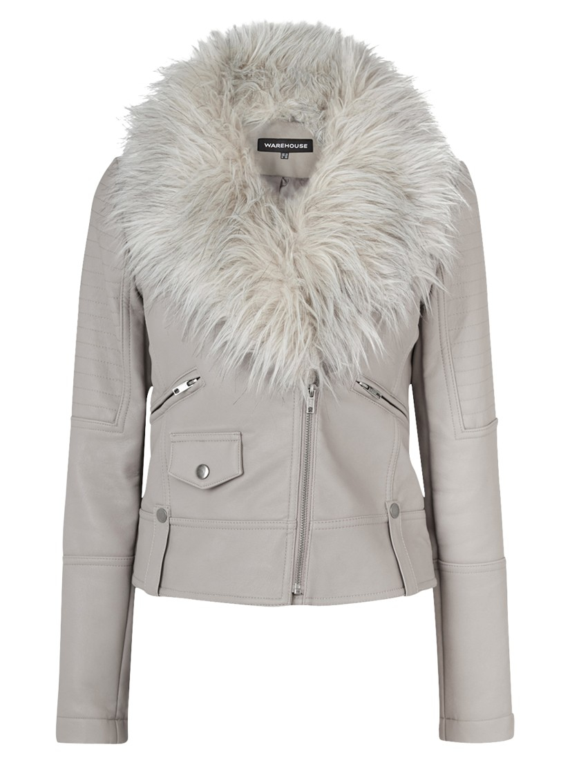 Warehouse Luxe Faux Fur Trim Biker Jacket In Gray Lyst Gallery Women S Cropped Leather Jackets