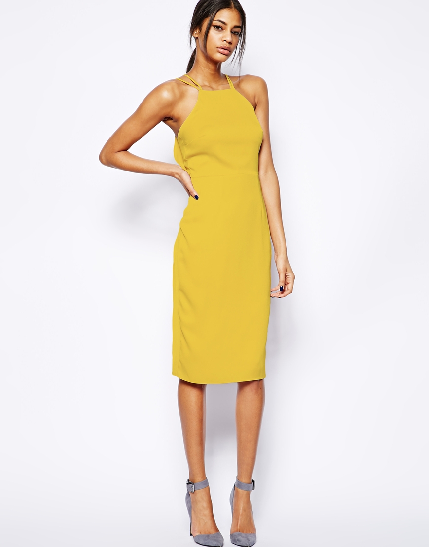 asos yellow midi dress with drape back pencil product 1 17943076 3 034681730 normal