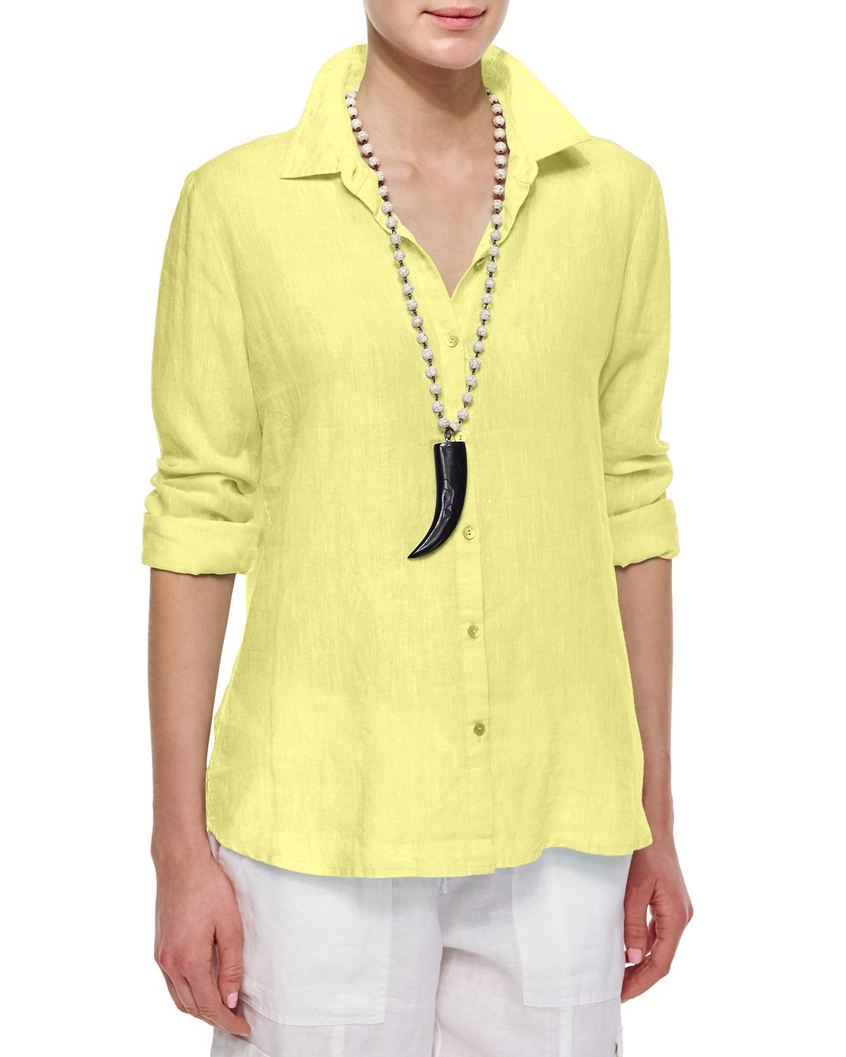 Lyst - Eileen Fisher Long-sleeve Button-front Linen Shirt in Yellow