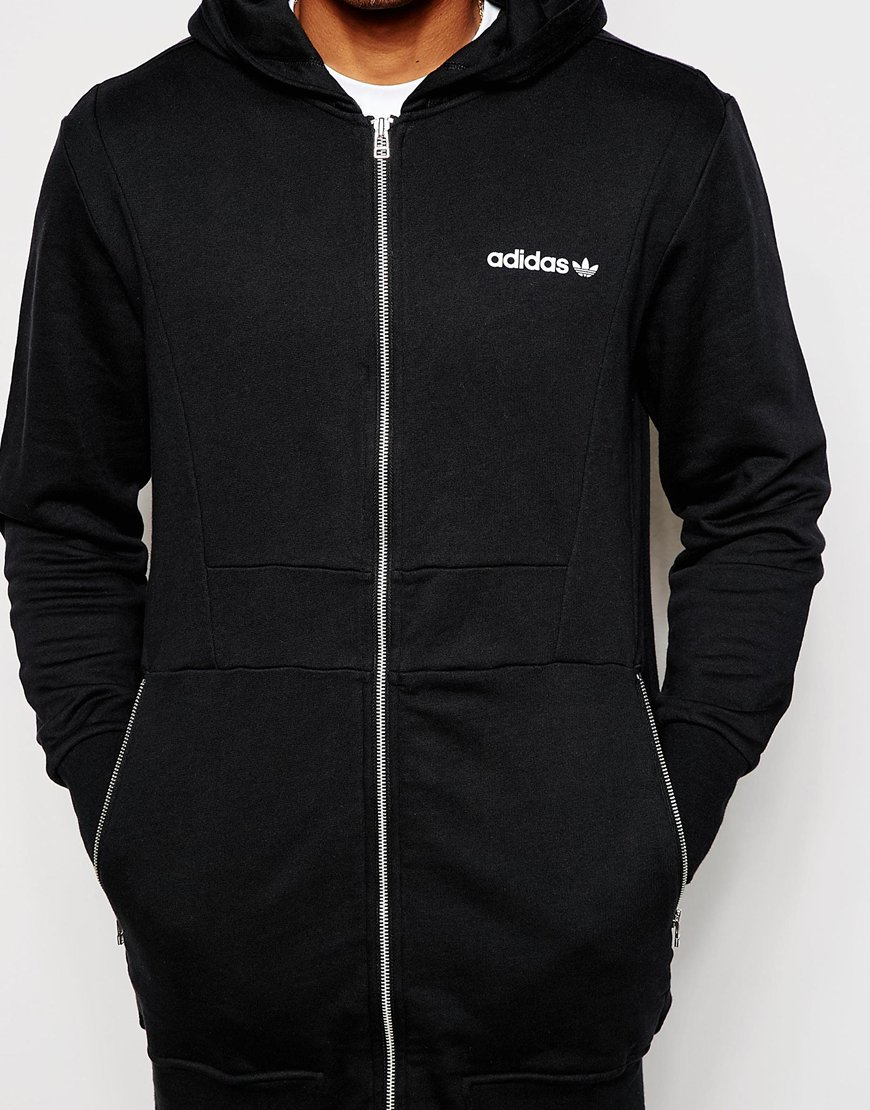 Adidas originals Longline Zip Up Hoodie in Black for Men | Lyst