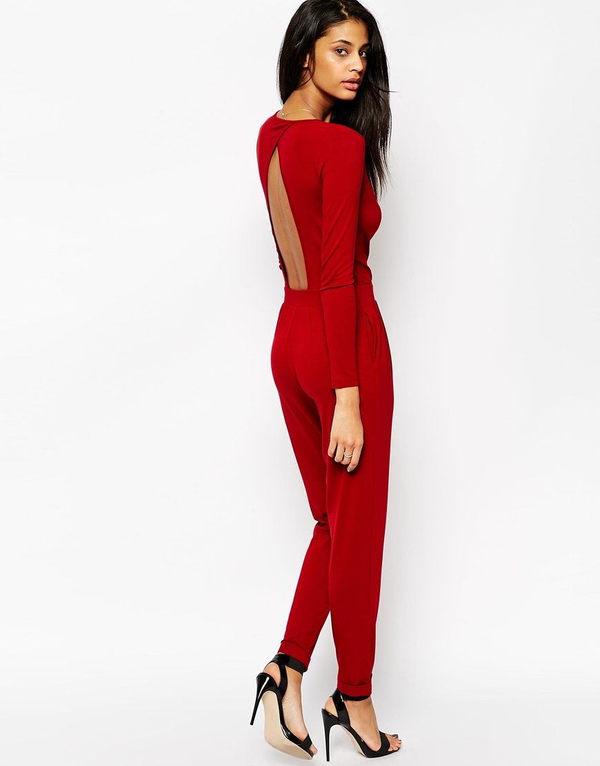 Asos Wrap Front Jersey Jumpsuit With Long Sleeves in Black Lyst