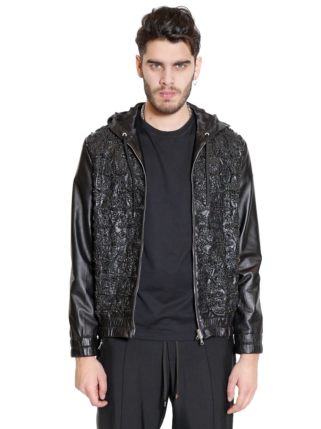 John Richmond Embellished Hooded Leather Jacket In Black For Men Gallery