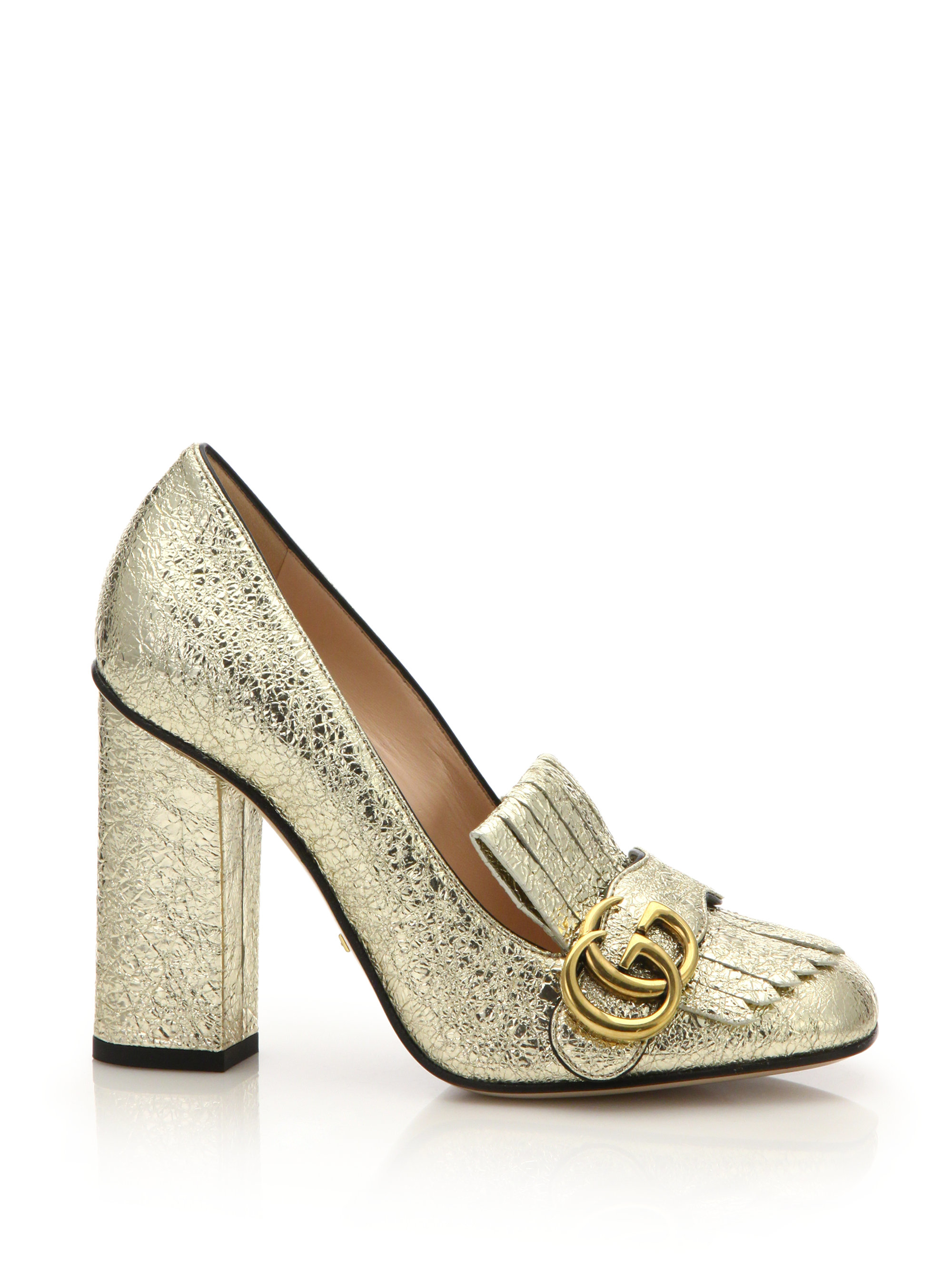 Gucci Marmont Gg Metallic Leather Pumps in Gold (platinum) | Lyst