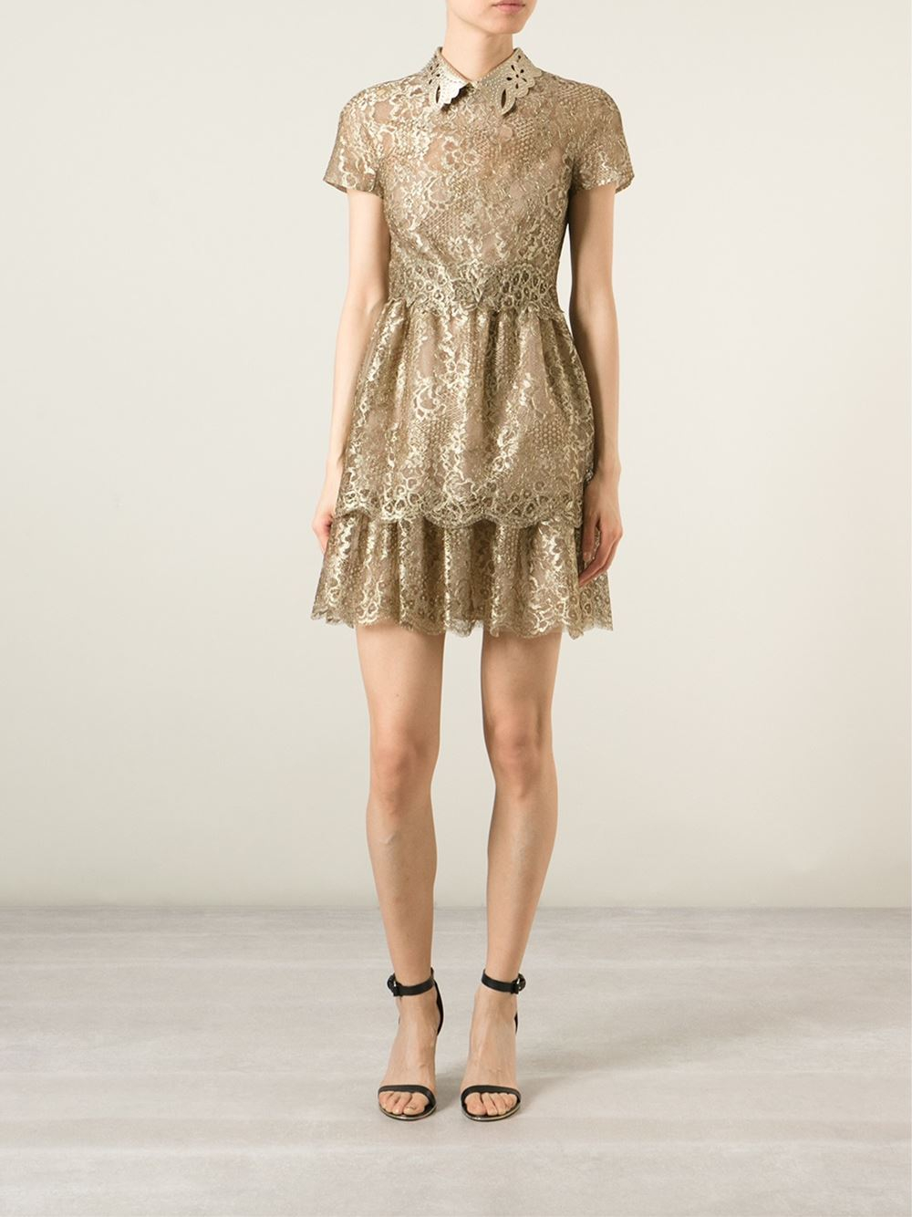 Valentino Studded Collar Lace Dress in Metallic | Lyst