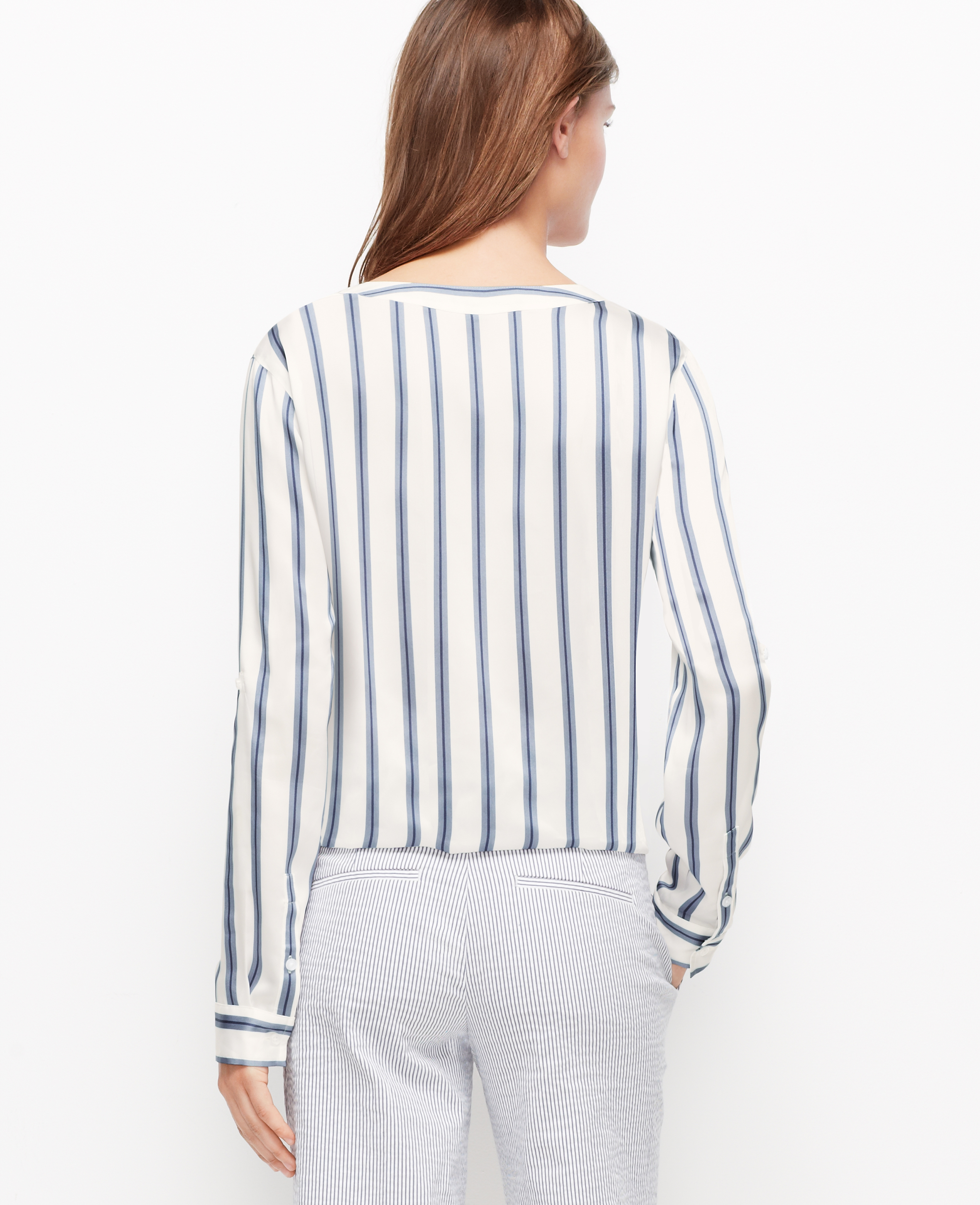blue and white striped tie front top