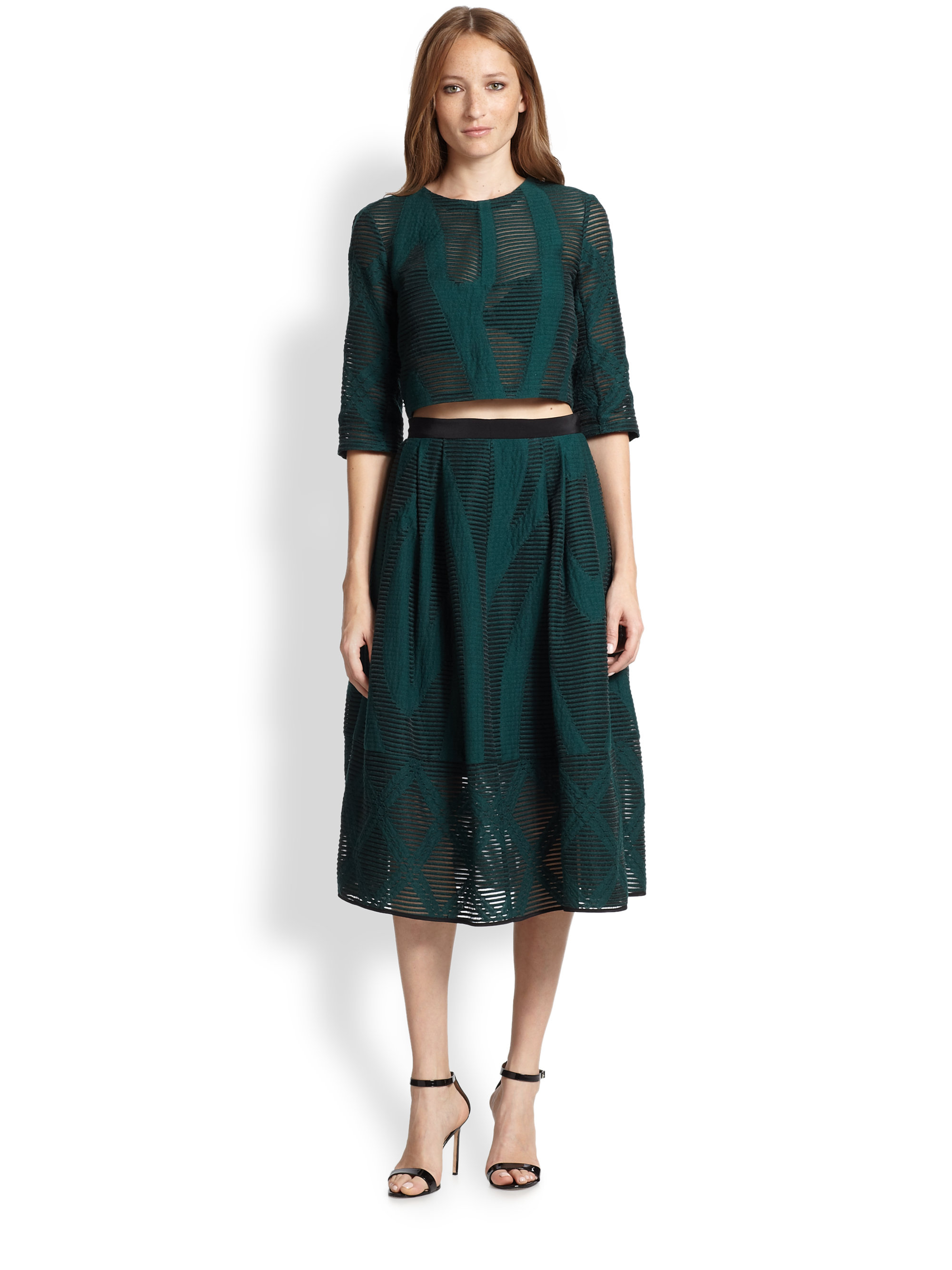 Tibi Abstract-Patterned Sheer Burnout Midi Skirt in Green | Lyst