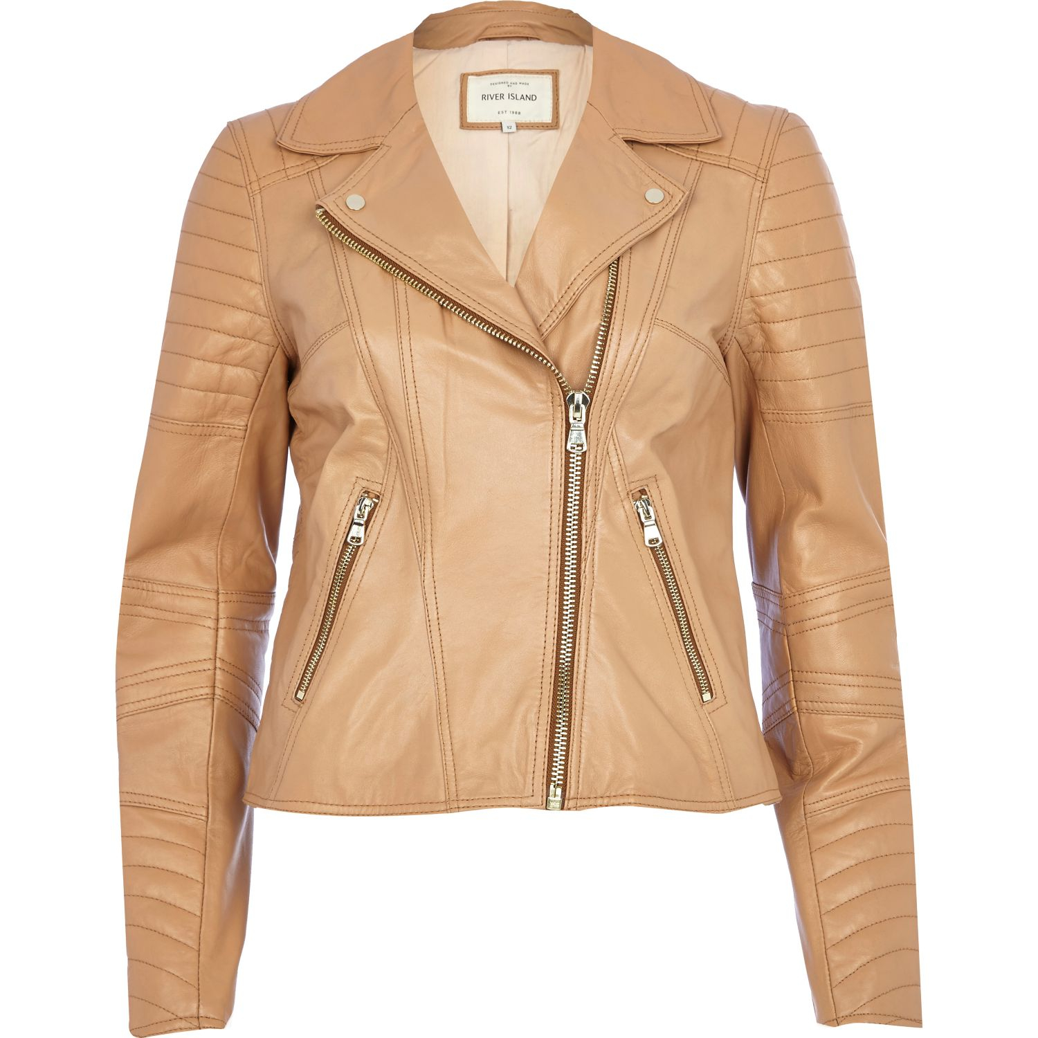 River Island Tan Leather Biker Jacket In Natural Lyst Gallery