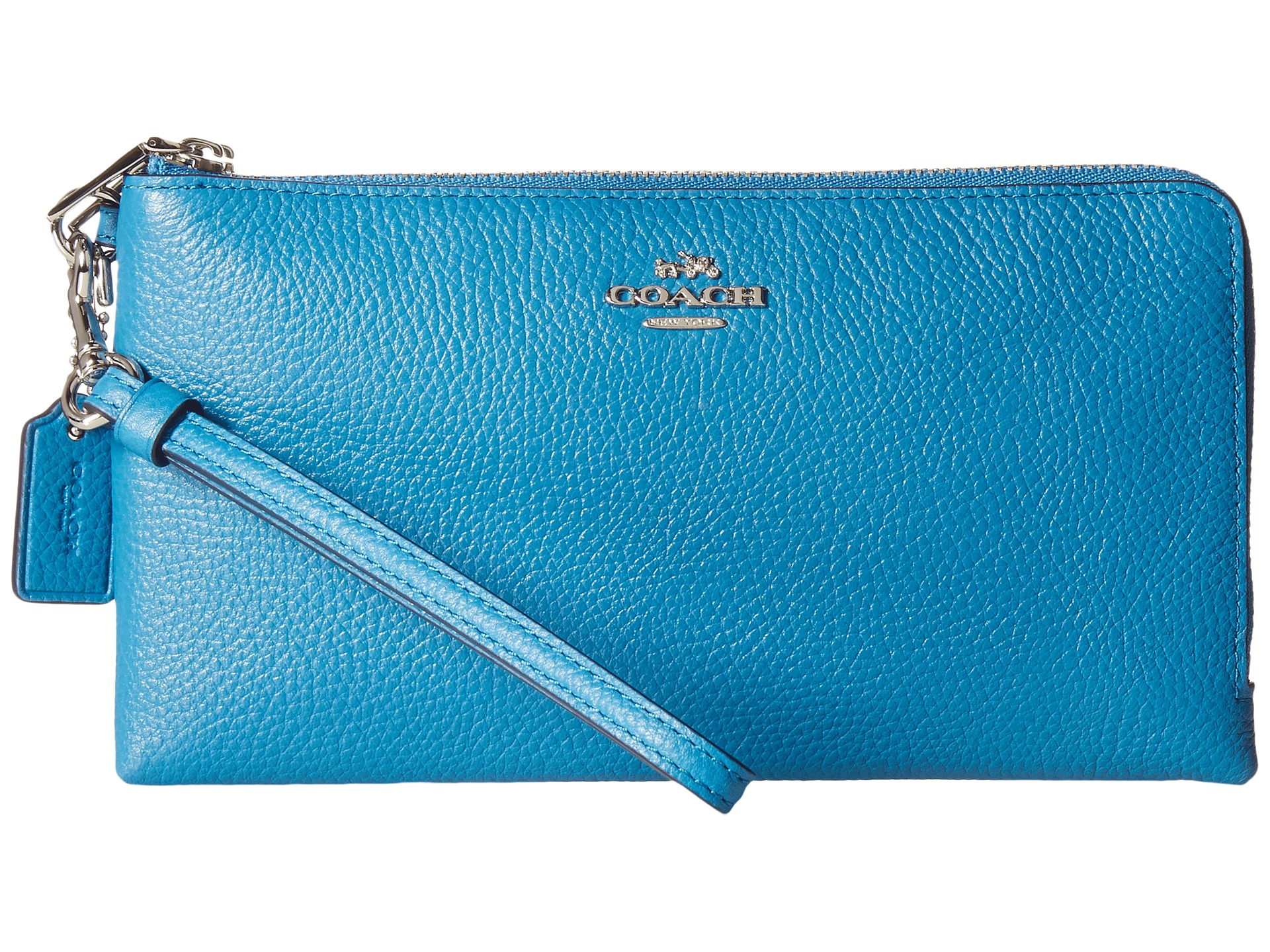 Lyst Coach Polished Pebbled Leather Double Zip Wallet In Blue Gallery