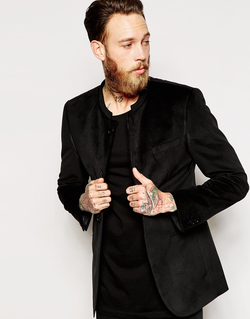 Asos Slim Fit Blazer In Velvet With Mandarin Collar in Black for Men | Lyst