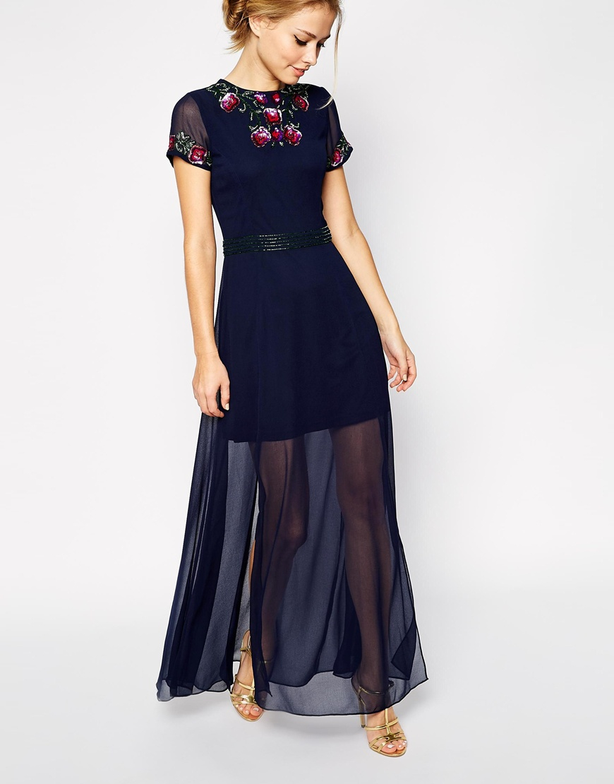 Lyst - Frock And Frill Maxi Dress With Garden Floral Embellishment in Blue