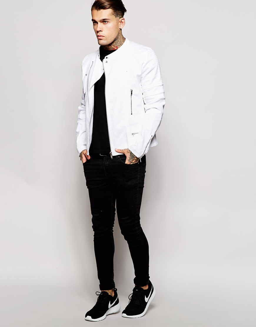 Lyst - ASOS Denim Biker Jacket in White for Men