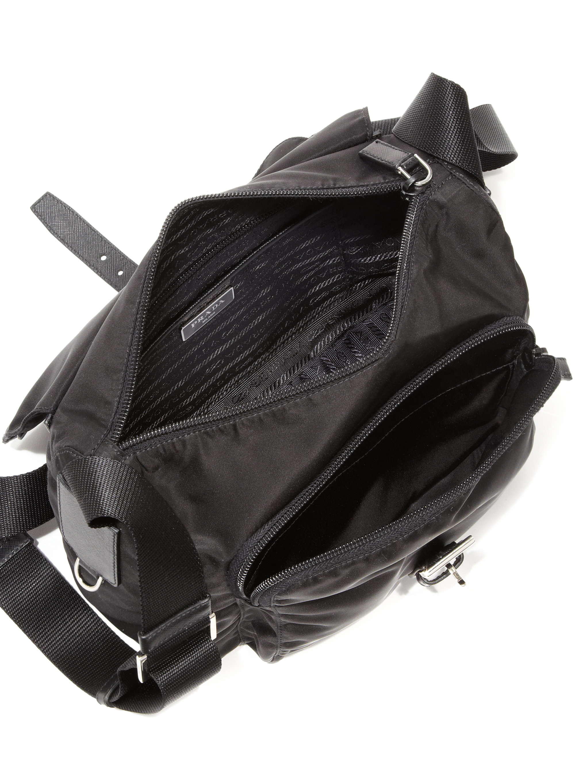 Prada Nylon \u0026amp; Leather Crossbody Bag in Black | Lyst