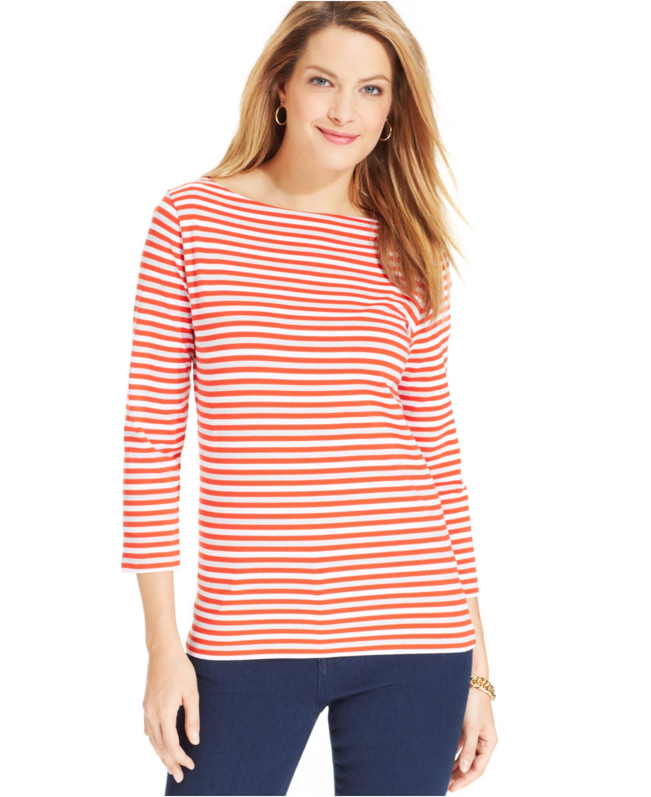 Boat Neck Three Quarter Sleeve Striped Blouse
