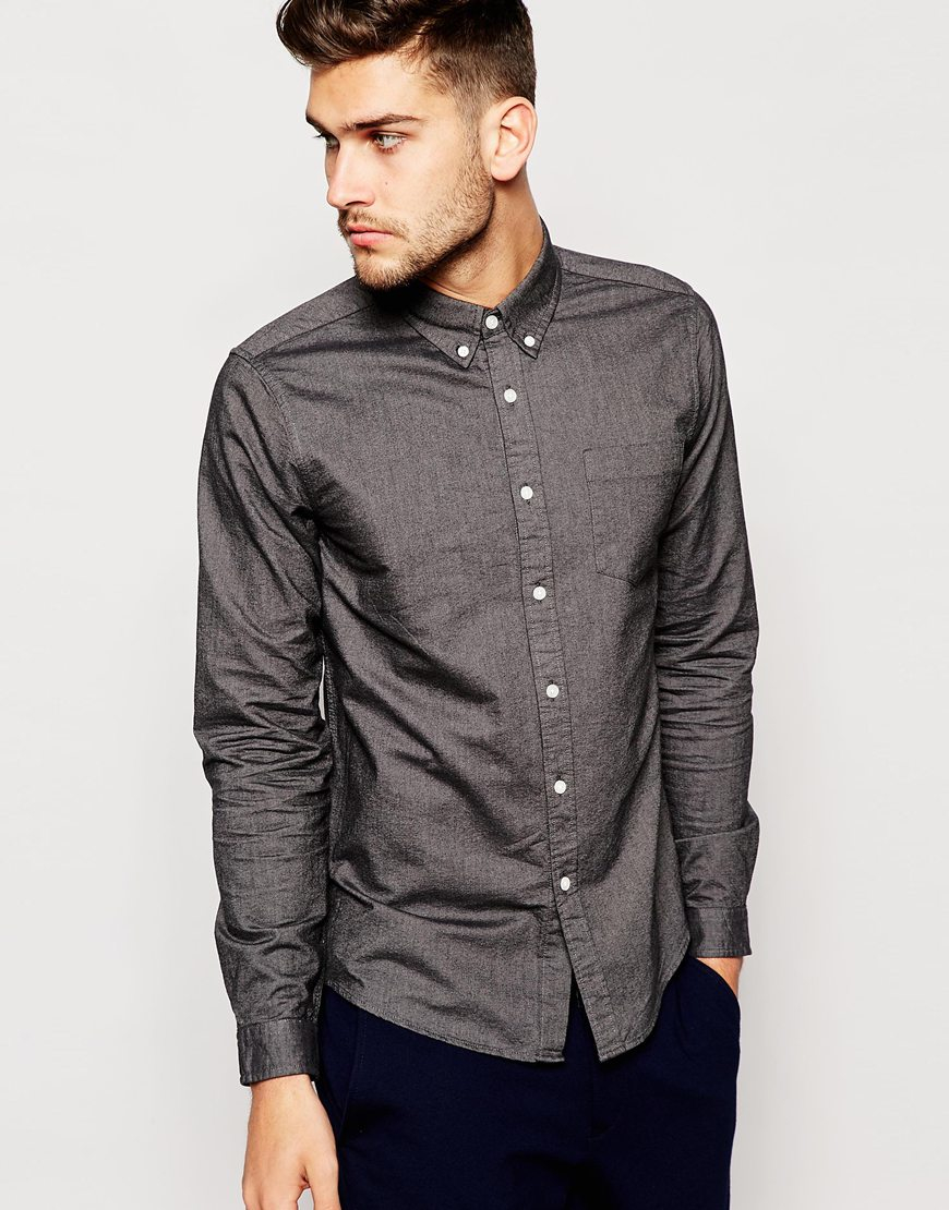 Lyst - ASOS Oxford Shirt In Charcoal With Long Sleeves in Gray for Men