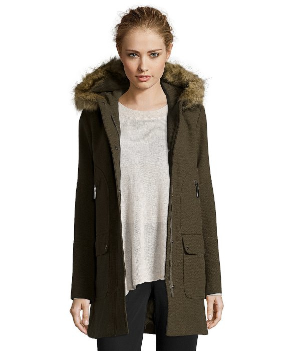 Lyst - Vince Camuto Olive Textured Wool Blend Faux Fur Trimmed Hood ...