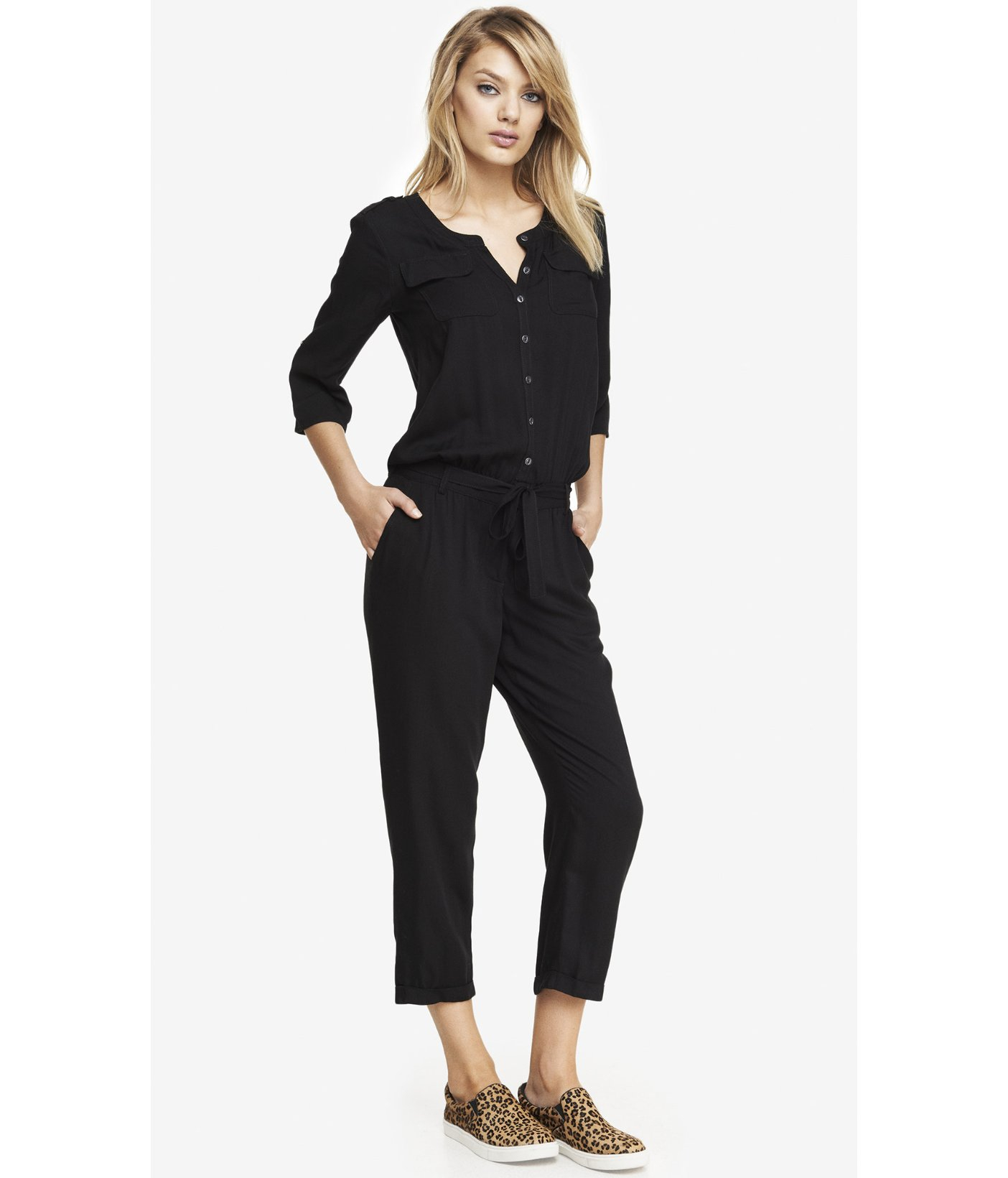 Express Woven Button Front Jumpsuit in Black | Lyst