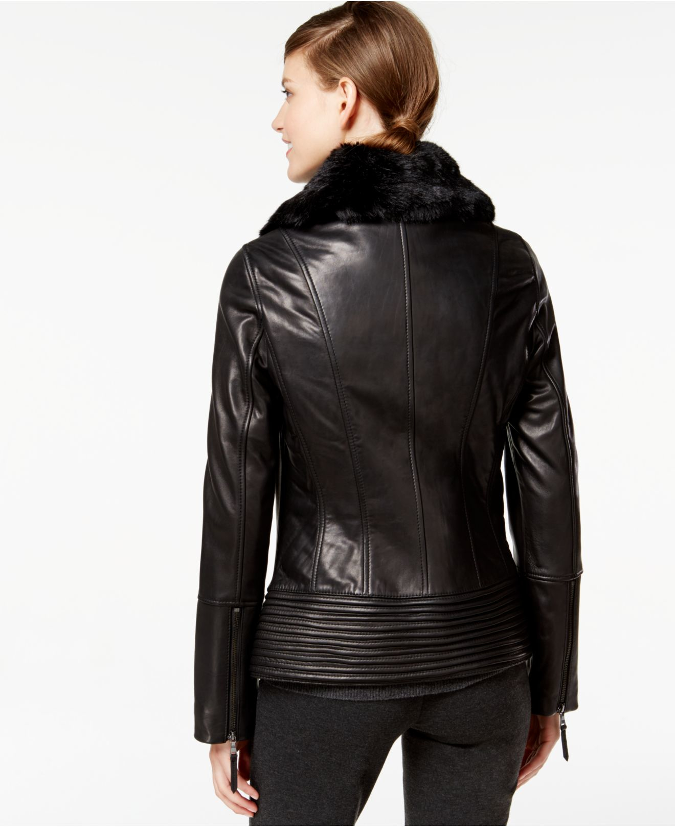 Jones New York Faux Fur Collar Leather Jacket In Black Lyst Gallery