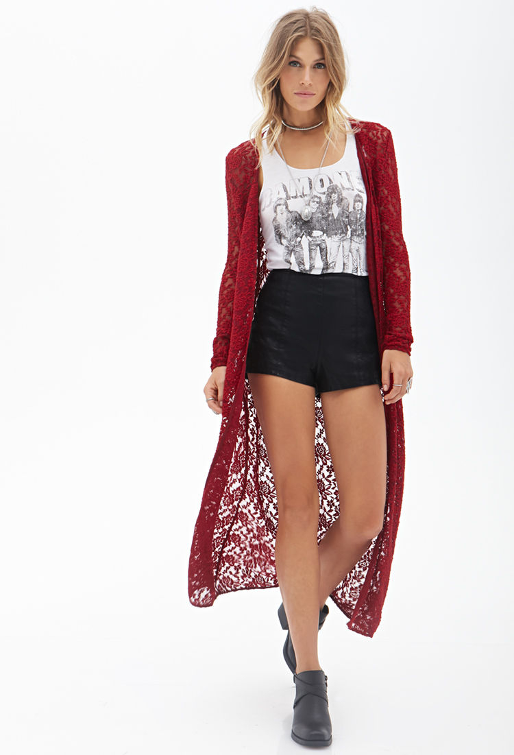 Lyst - Forever 21 Floral Lace Maxi Cardigan in Red