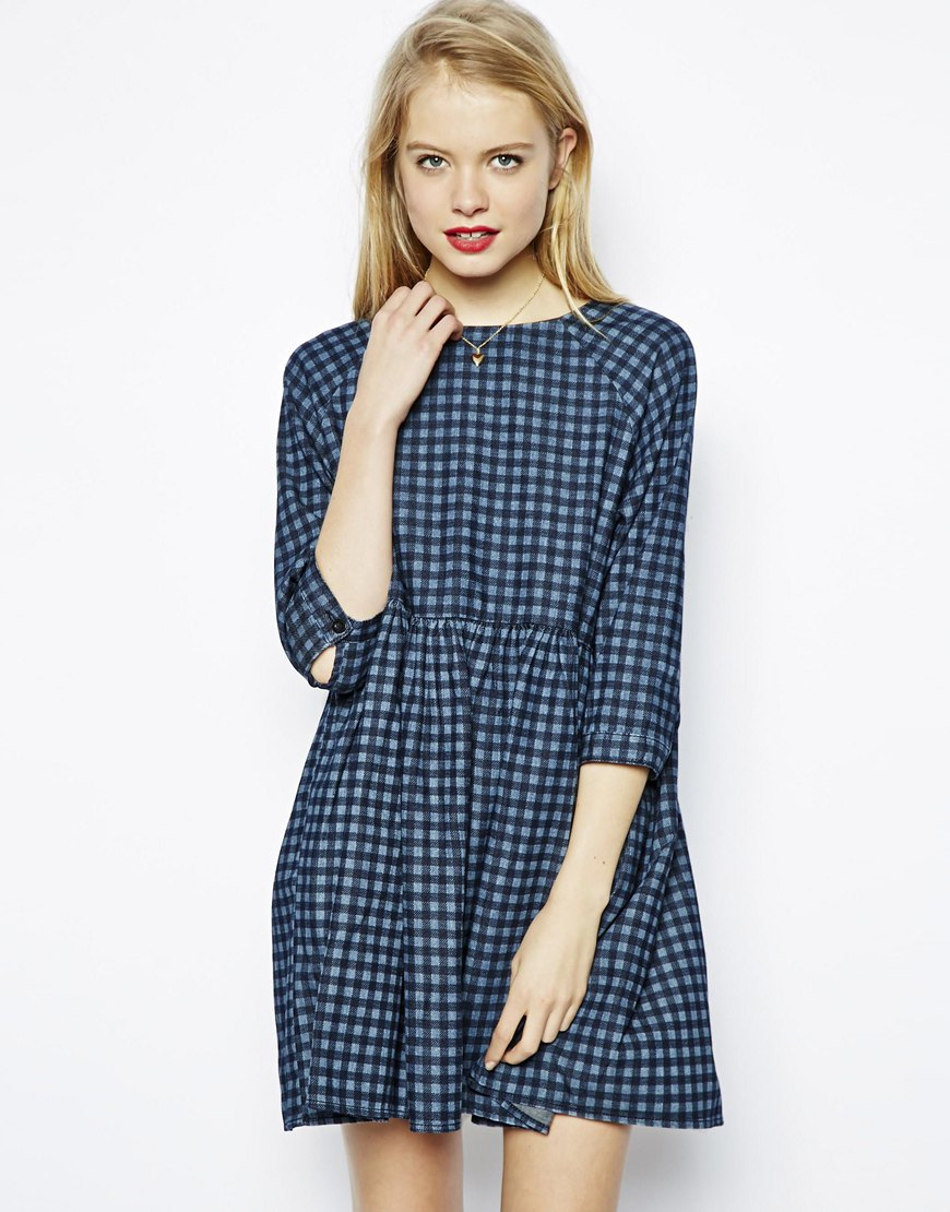 Lyst - Asos Denim Check Smock Dress in Blue