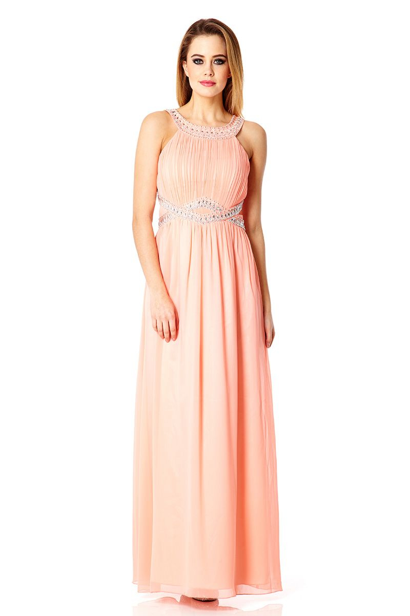 Lyst Quiz  Coral Chiffon Embellished Maxi Dress  in Pink 