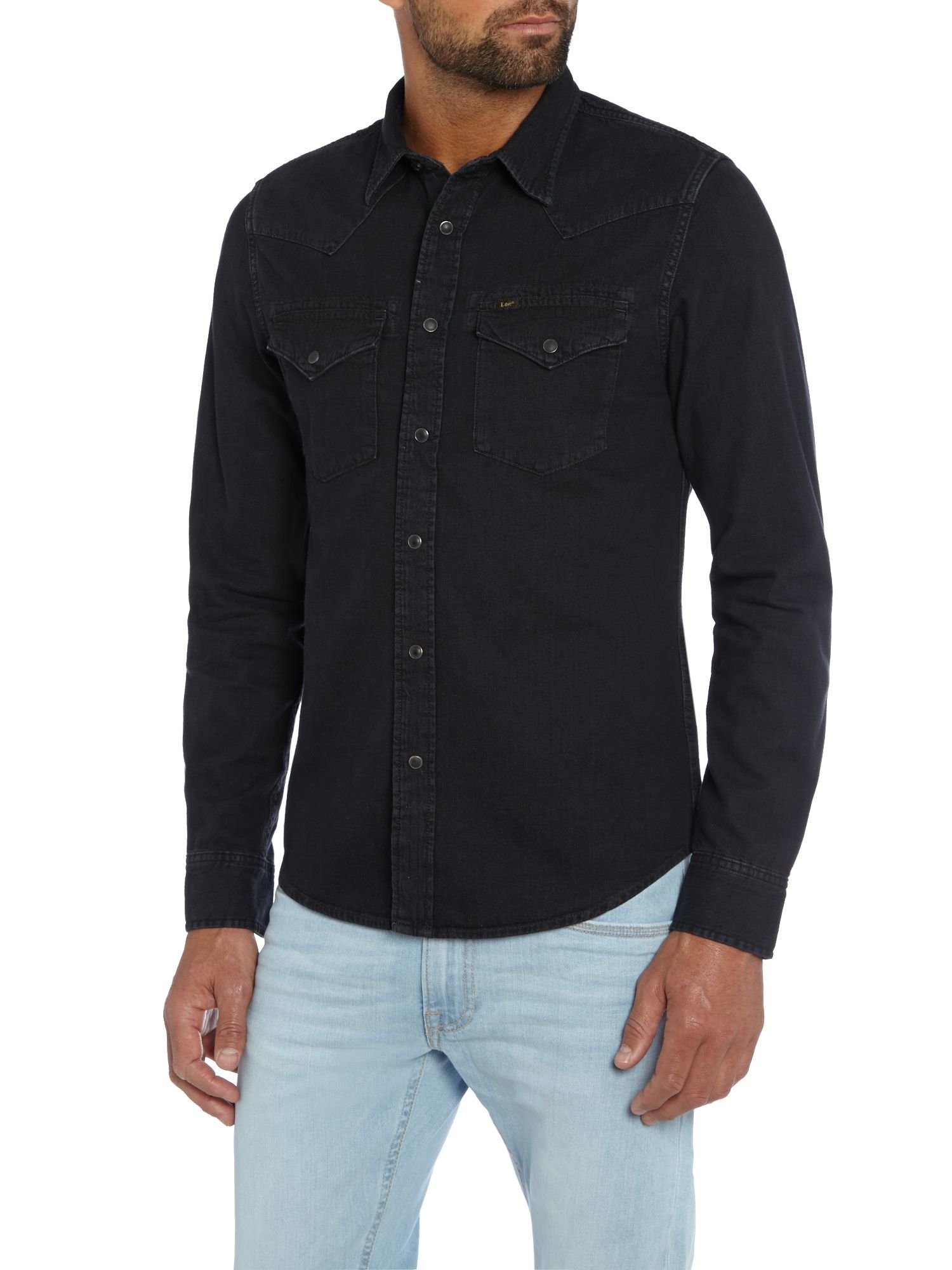 Lee jeans Slim Fit Pitch Black Denim Western Shirt in Black for Men | Lyst