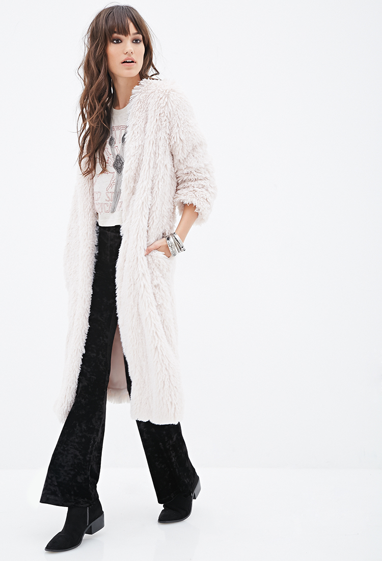 Lyst Forever 21 Faux Fur Duster Coat in Natural