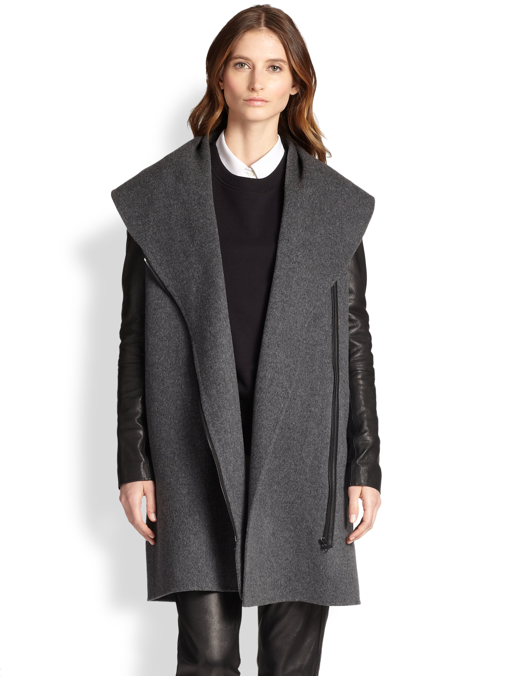 Vince Leather-Sleeved Shawl-Collar Coat in Gray | Lyst