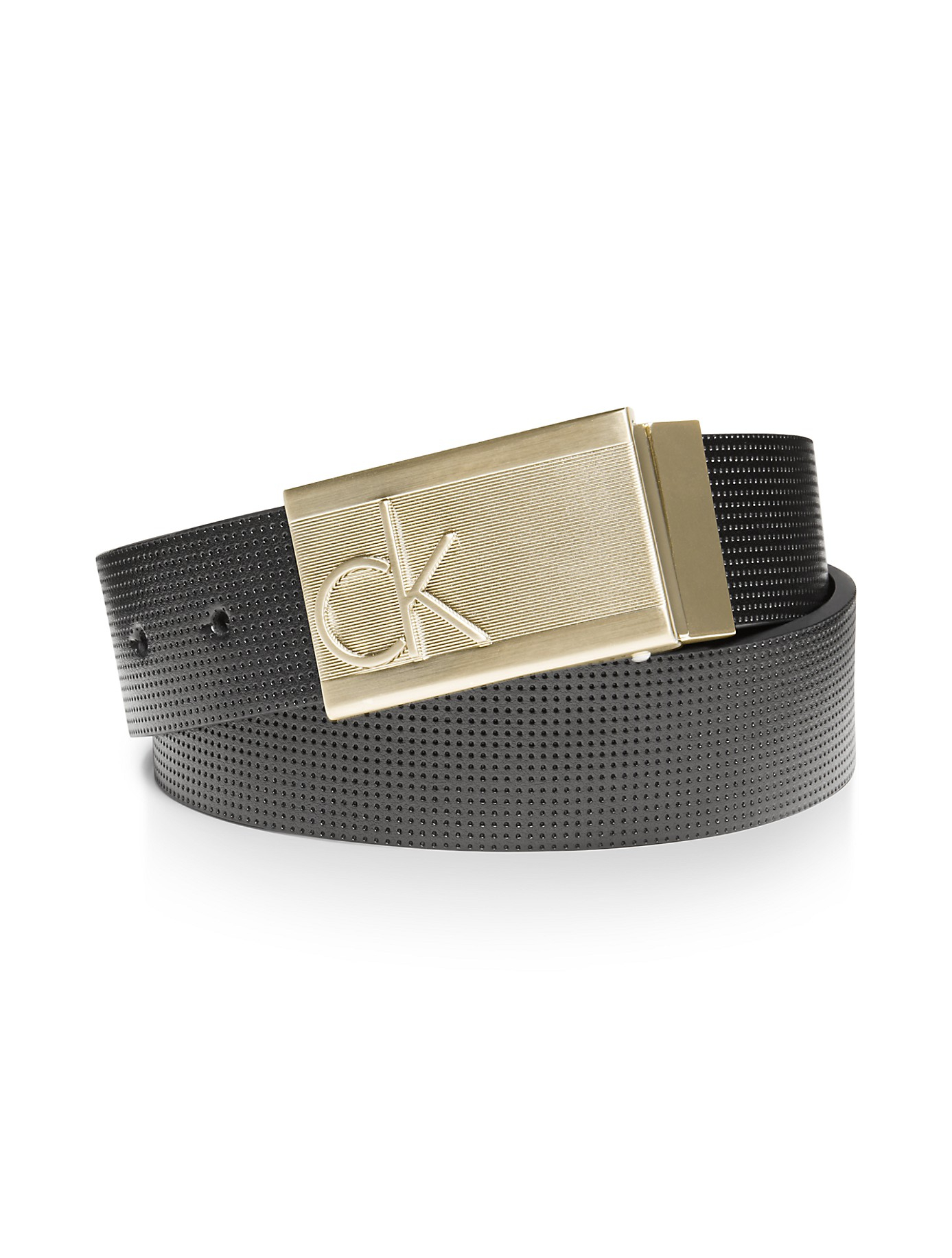 Calvin klein Perforated Leather Plaque Buckle Belt in Black for Men Lyst