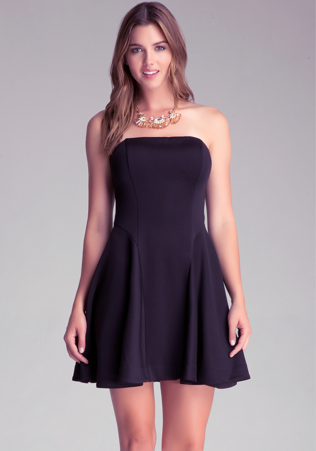 black strapless fit and flare dress