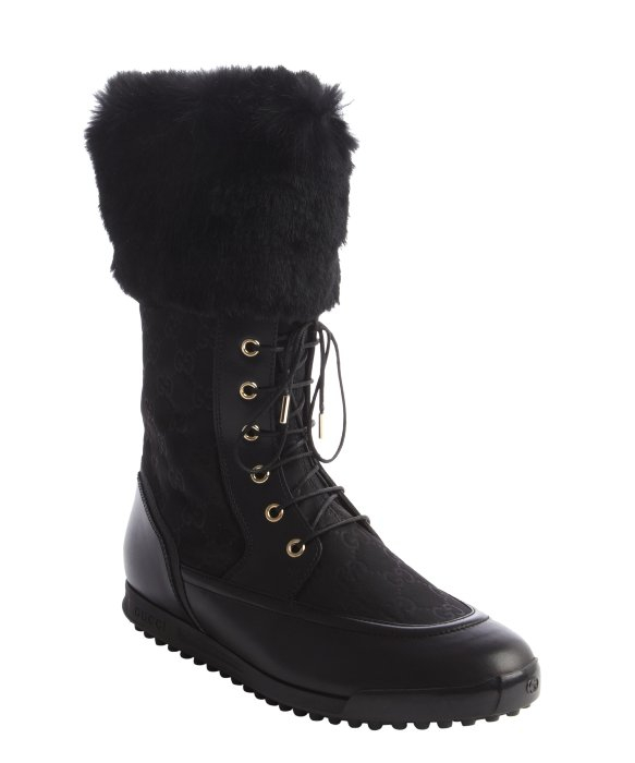 Gucci Black Gg Nylon Rabbit Fur Trim Laceup Boots in Black Lyst