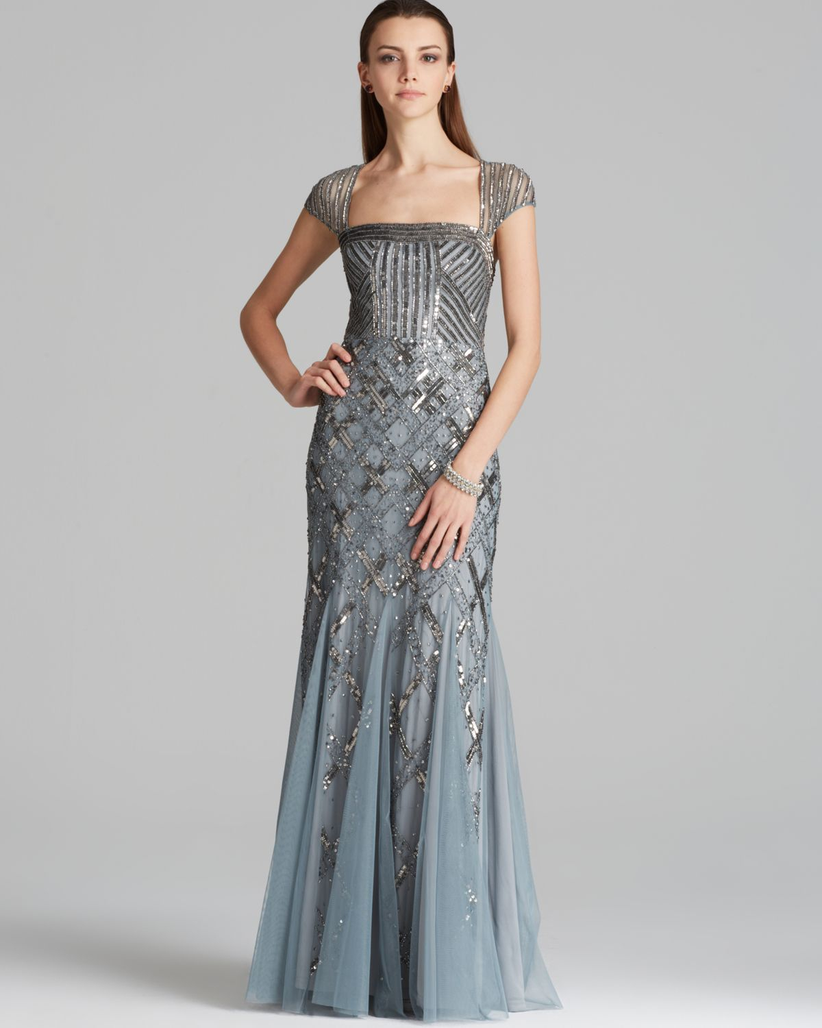Lyst - Adrianna papell Gown Cap Sleeve Beaded in Blue