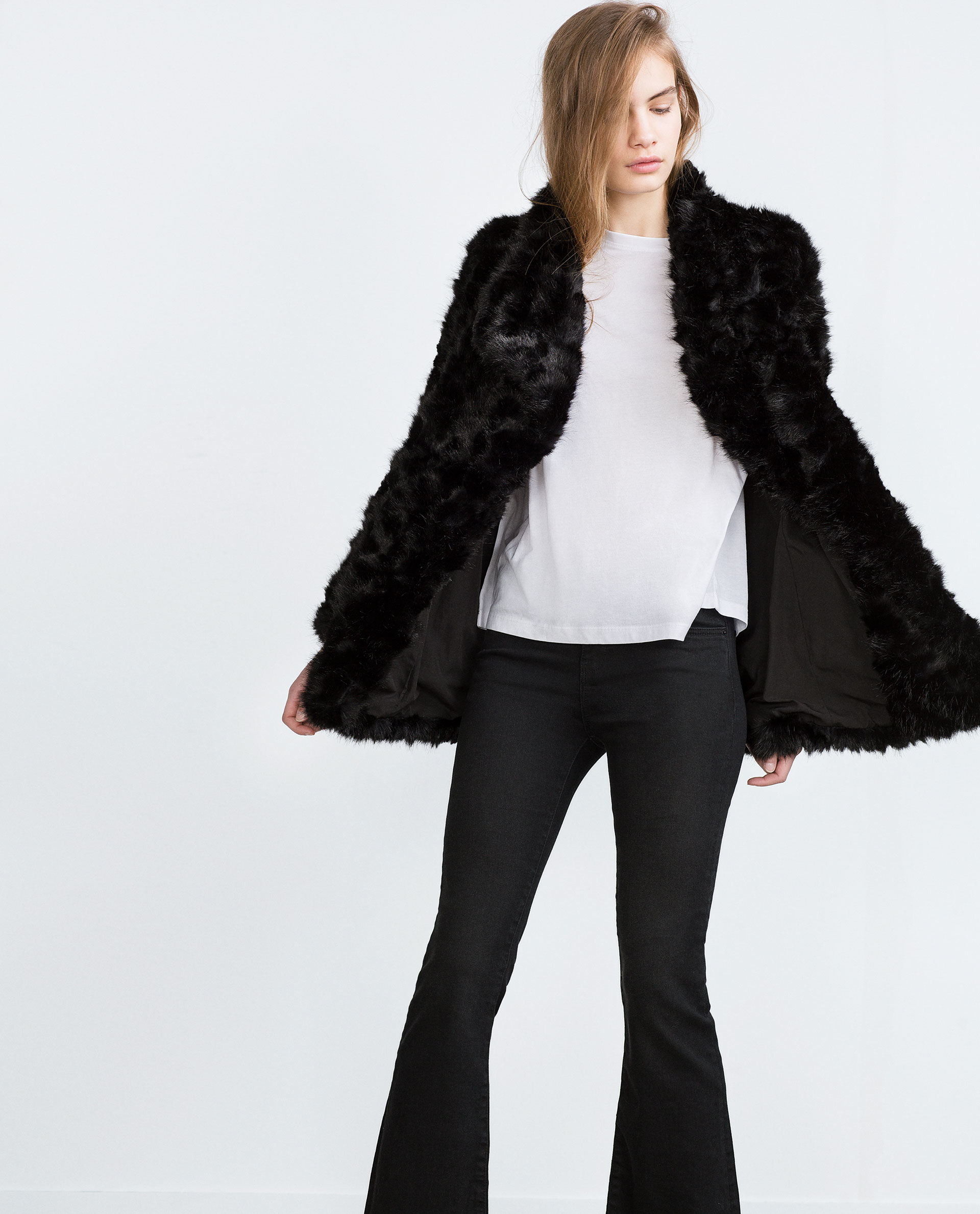 Zara Faux Fur Coat in Black | Lyst