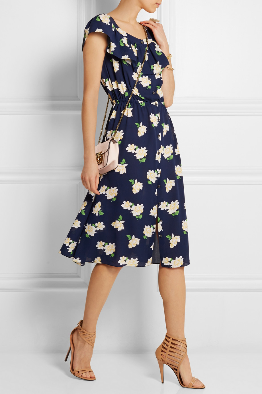 Lyst - Michael Kors Floral-Print Silk-Crepe Midi Dress in Blue