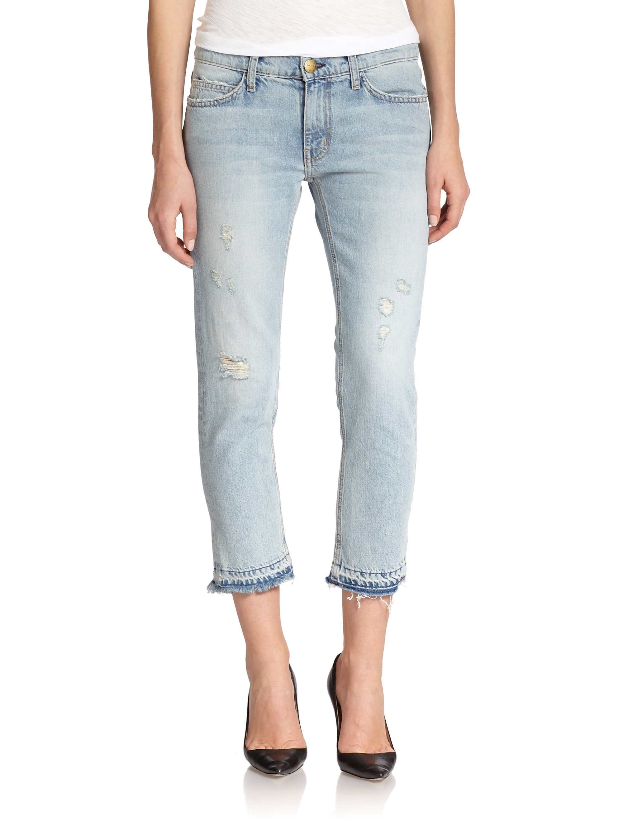 Lyst - Current/Elliott The Distressed Cropped Straight-leg Jeans in Blue