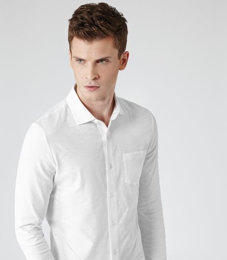 Reiss Bowen Long Sleeve Jersey Shirt in White for Men | Lyst
