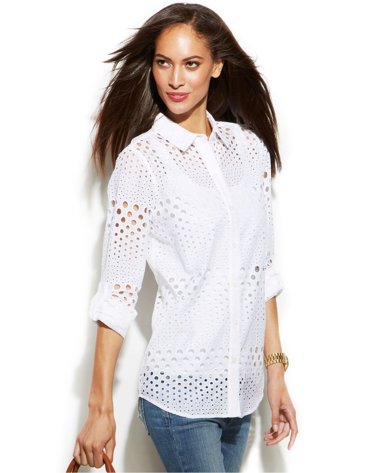 Michael kors Michael Petite Eyelet Shirt in White Lyst