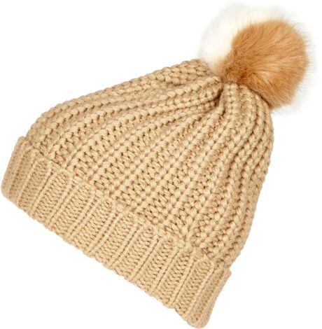 Lyst Pom  River Island  river island  Knitted  beanie Beige Pom Beanie hat  Hat