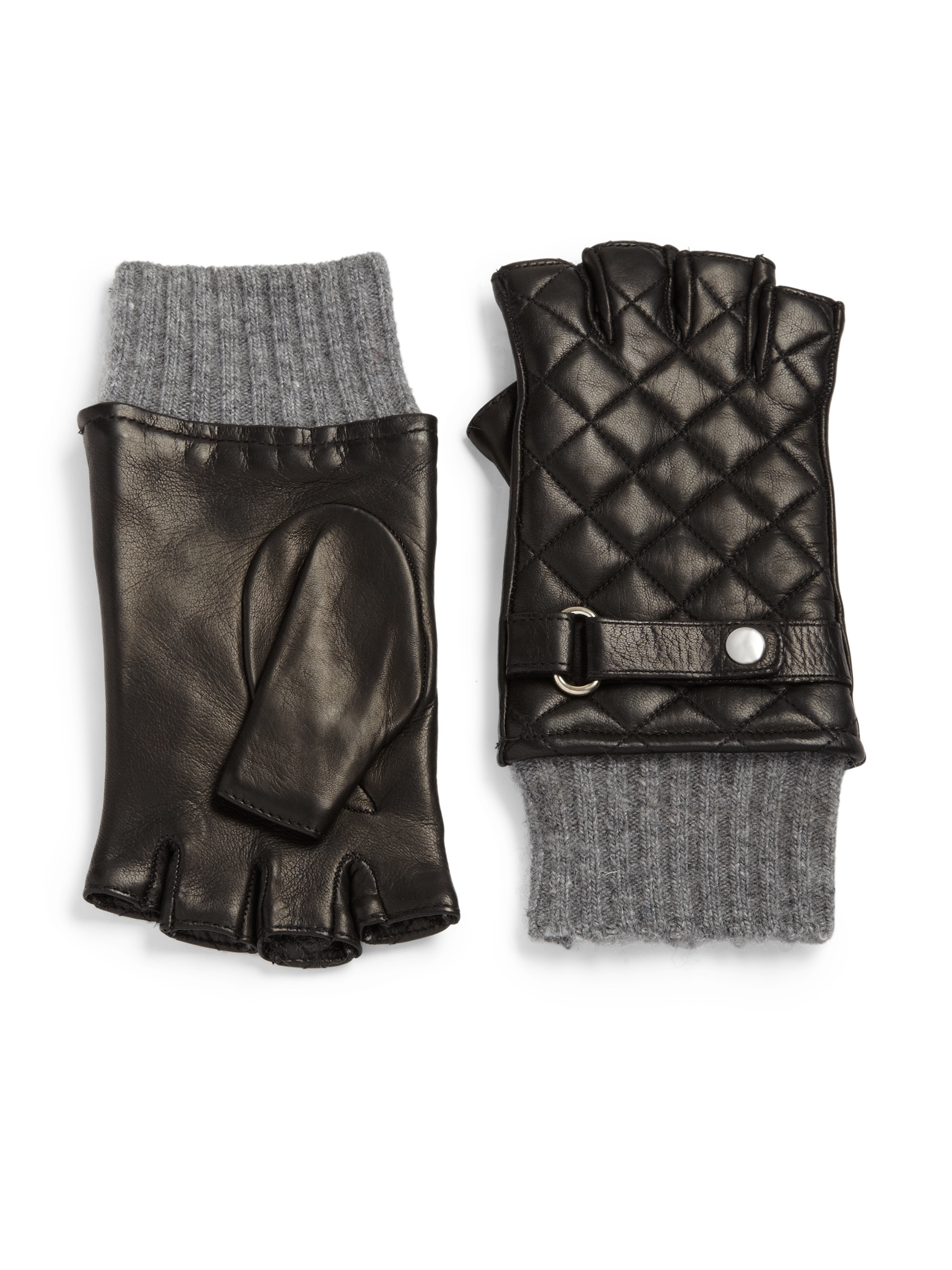 Portolano Quilted Leather & Knit Fingerless Gloves in Black Lyst