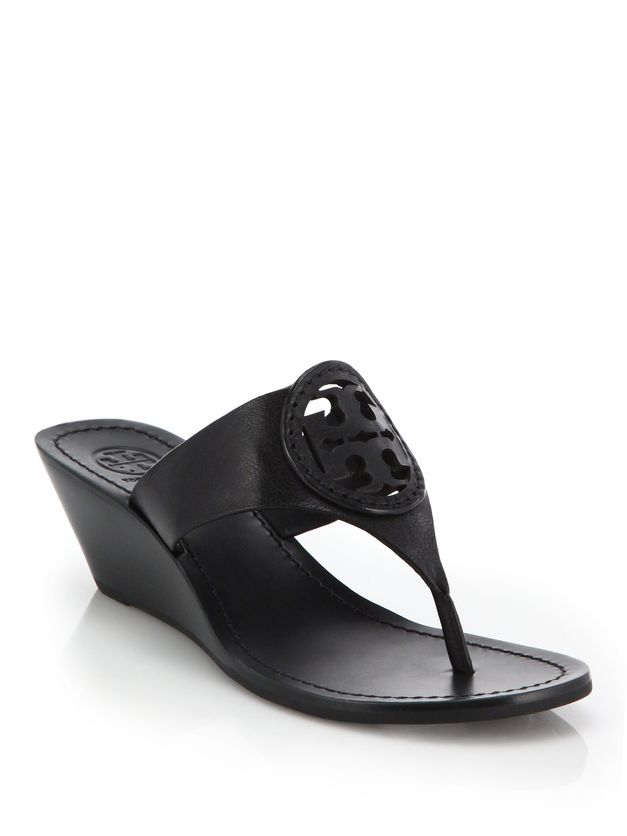 Tory burch Louisa Leather Thong Wedge Sandals in Black | Lyst