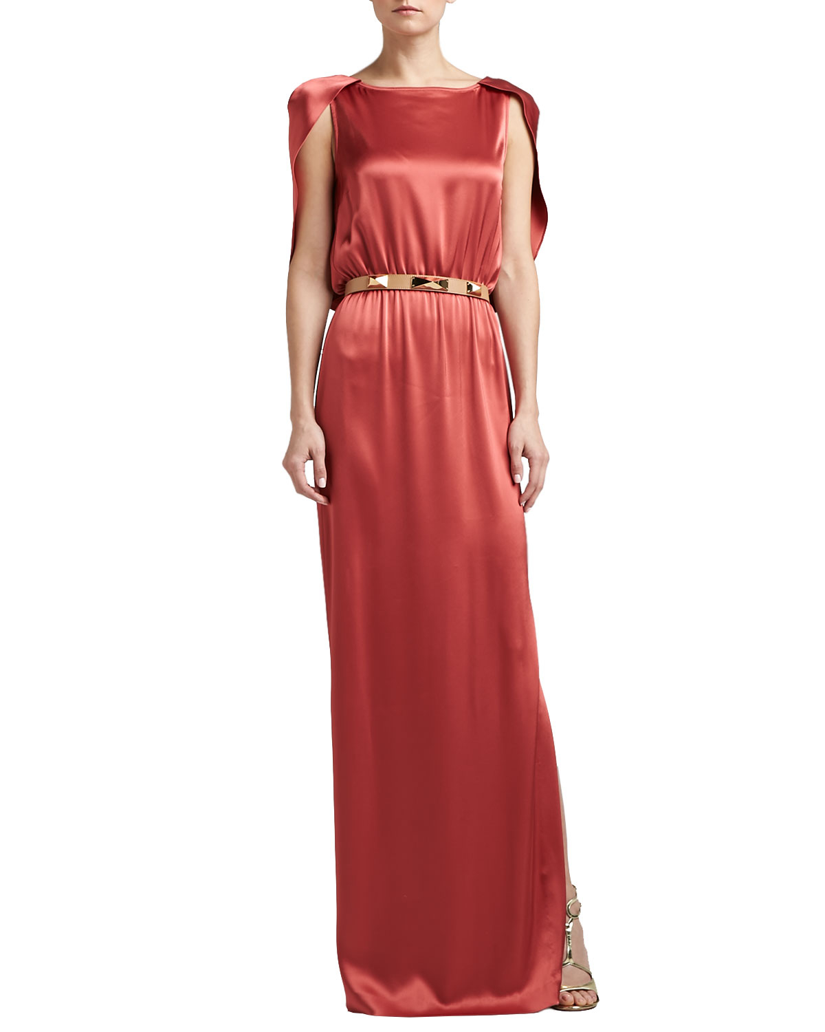 St. John Liquid Satin Evening Gown with Capelet in Red (CNNR) | Lyst