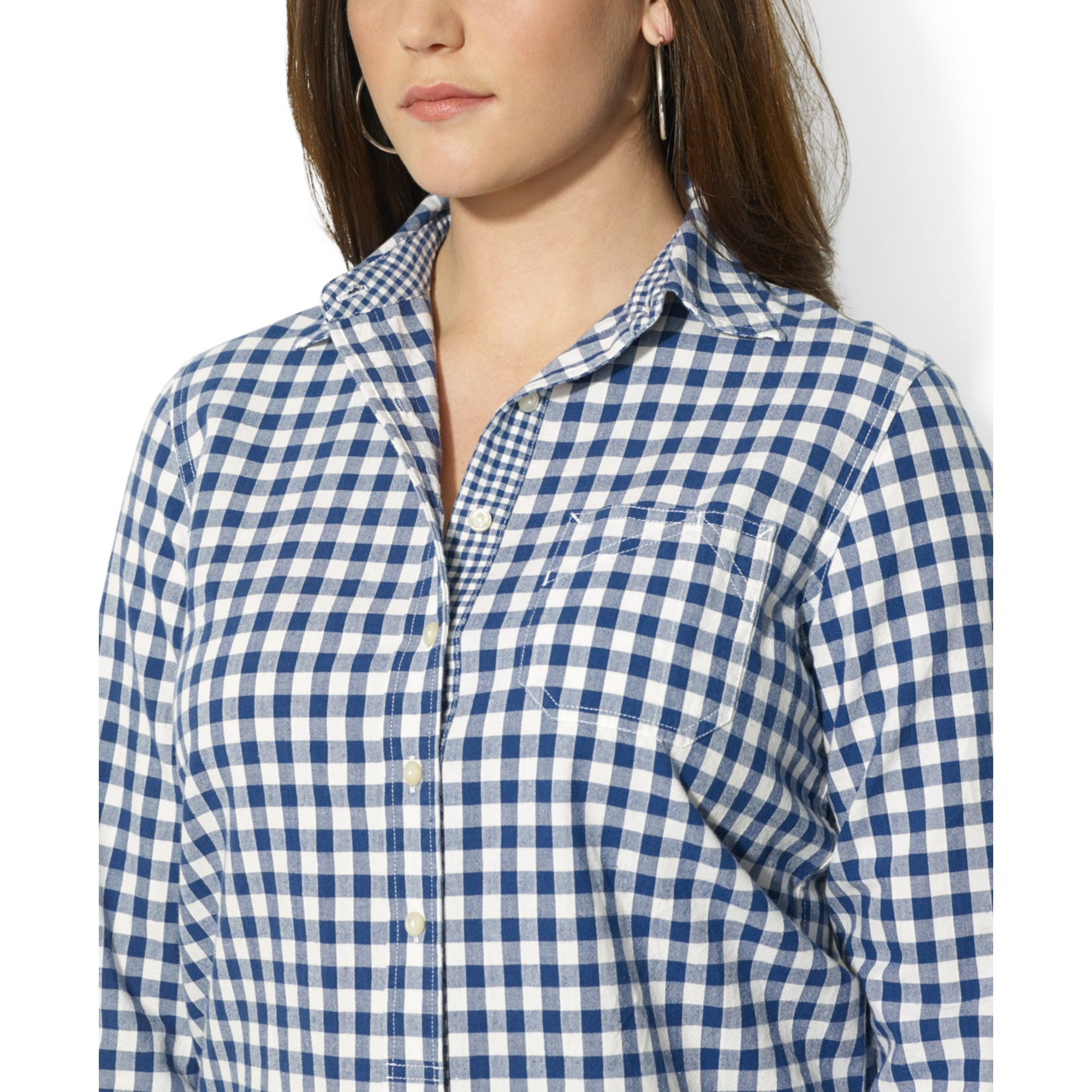 Lyst - Lauren by Ralph Lauren Plus Size Contrast Cuff Gingham Shirt in Blue
