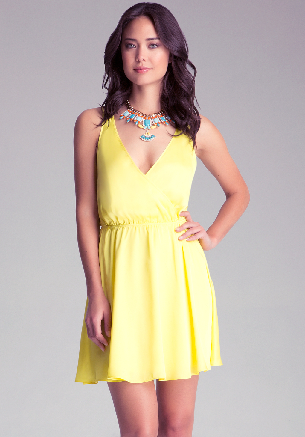 Bebe Double Strap Satin Dress in Yellow - Lyst