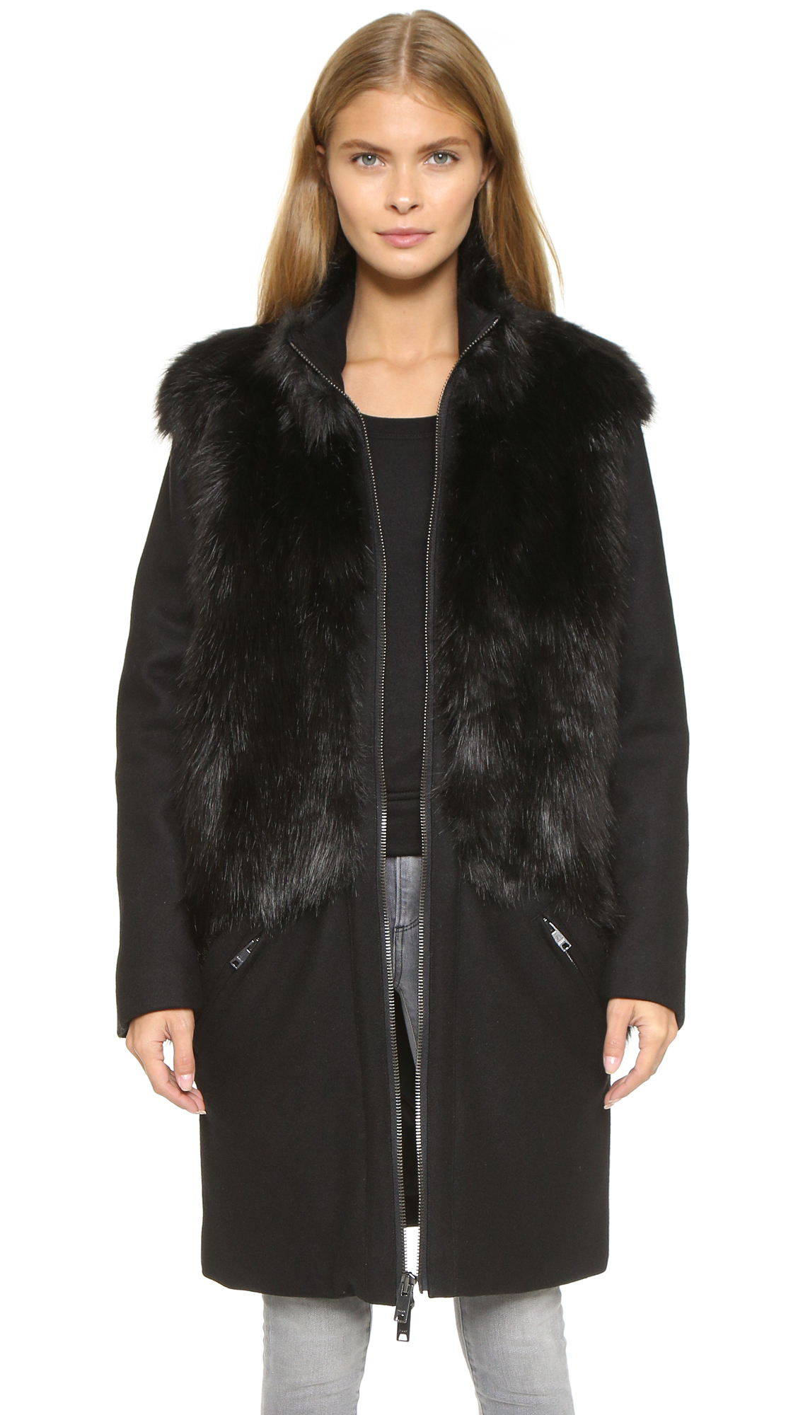 Lyst - Dkny Coat With Faux Fur Trim in Black