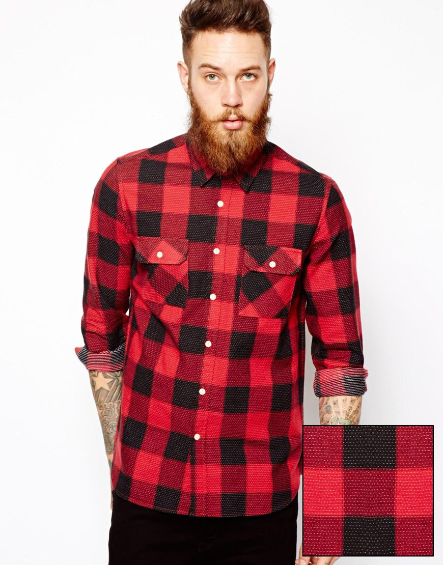 Lyst - Asos Buffalo Check Shirt in Long Sleeve with Pindot in Red for Men