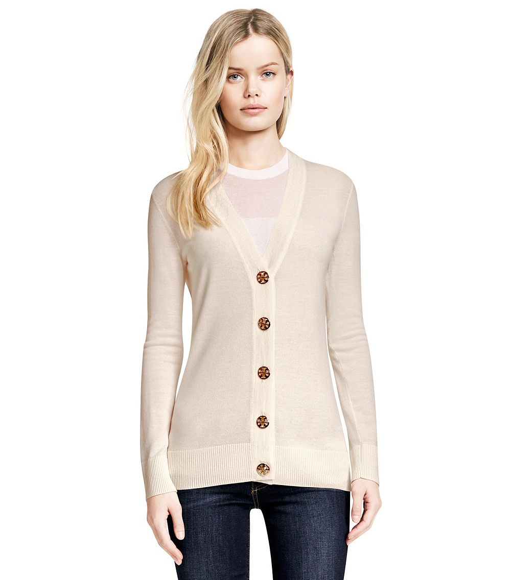 Tory burch Simone Wool Cardigan in Gold (Ivory w/ Gold Buttons) | Lyst