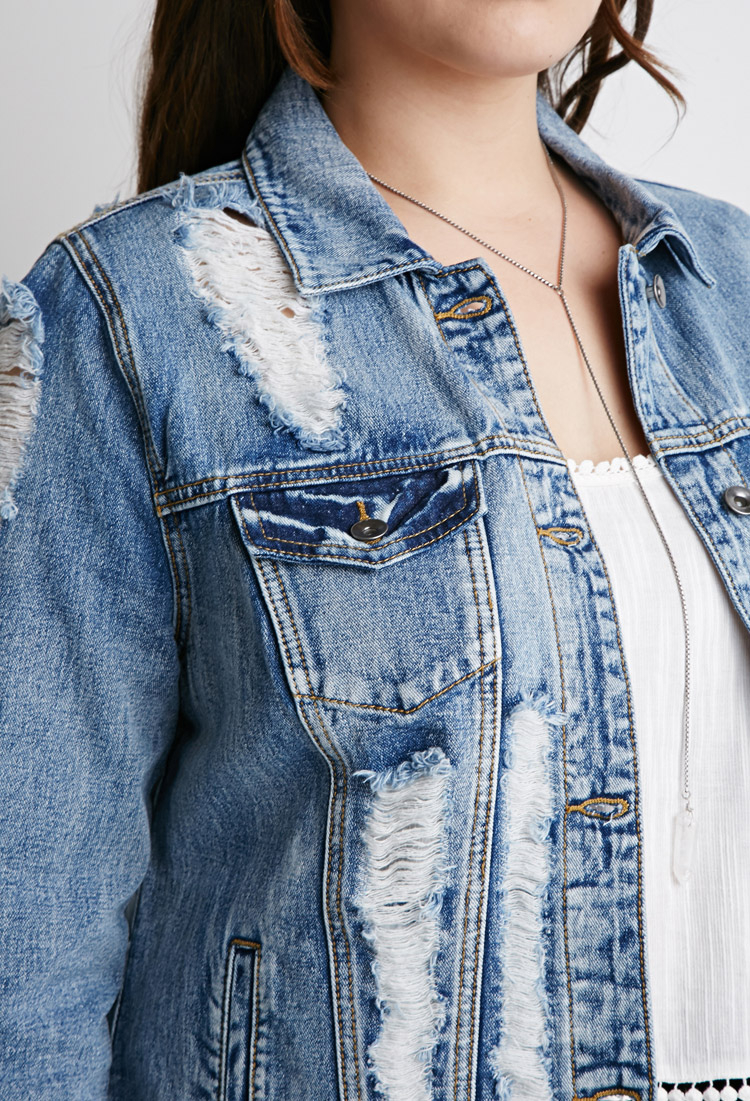 Forever 21 Plus Size Distressed Denim Jacket in Blue | Lyst
